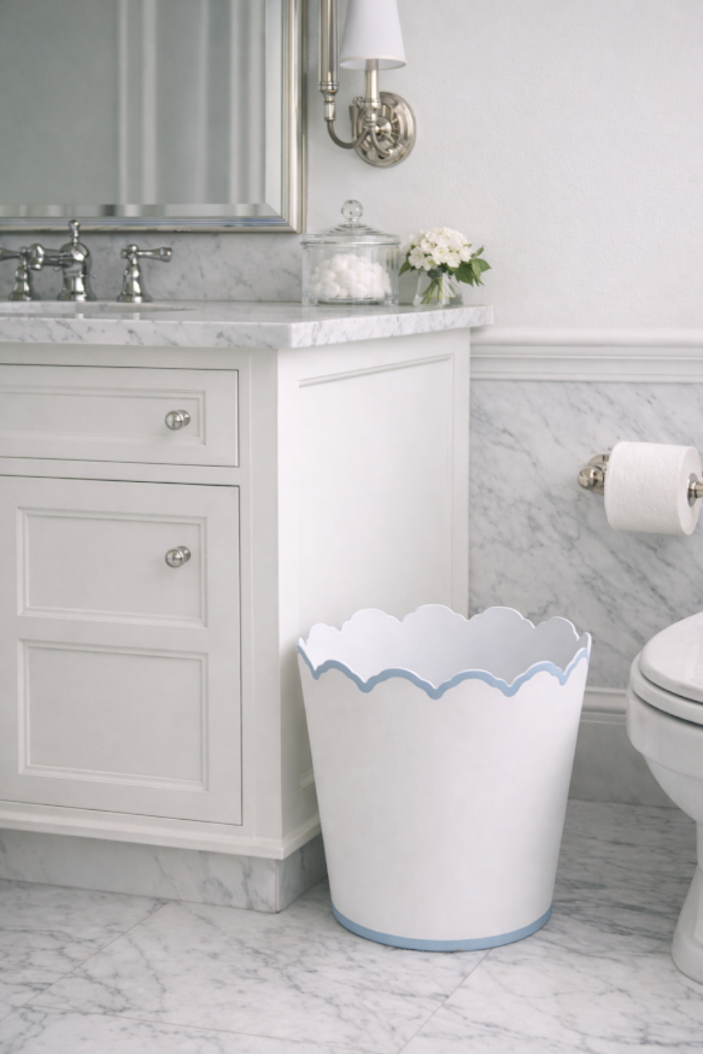 White & Pale Blue Scalloped Bucket Wastepaper Basket & Planters (3 Options)