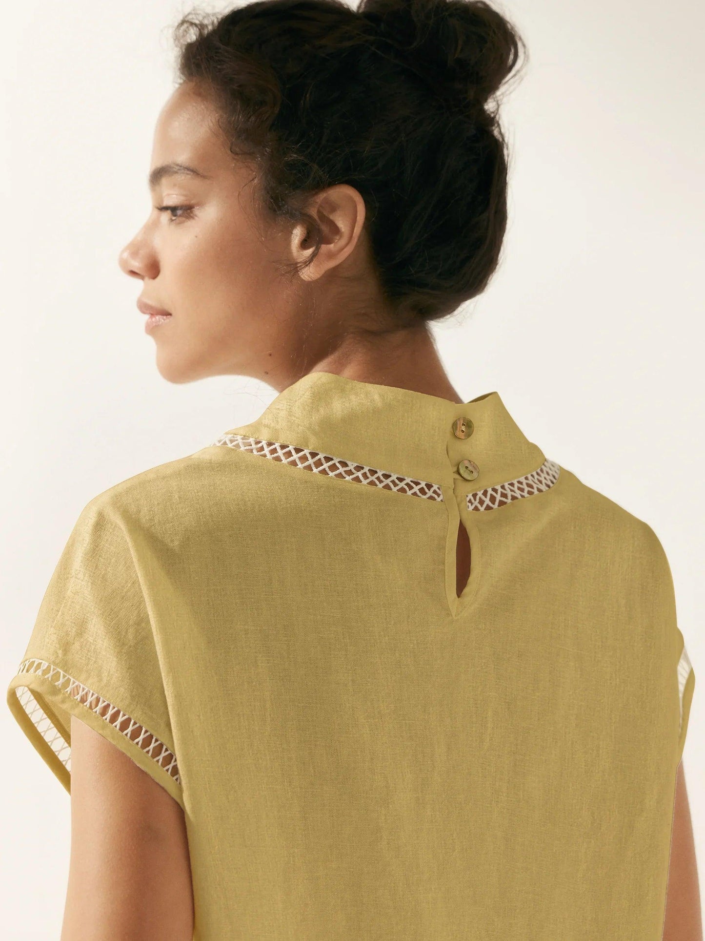 Linen-Cotton Gingham Cutout Turtleneck Top CAROL