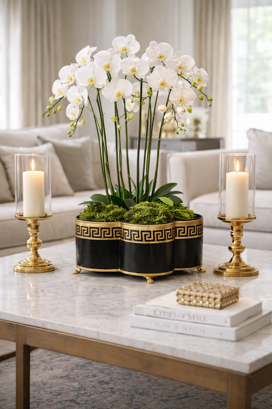 Black & Gold Greek Key Quatrefoil Planter