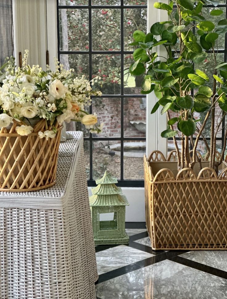Square Rattan Scalloped Planter