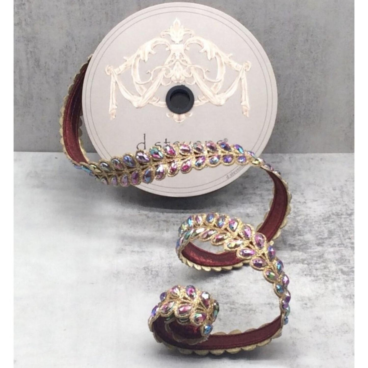 1" Jewel Aurora Leaves Ribbon: Burgundy (5 Yards)