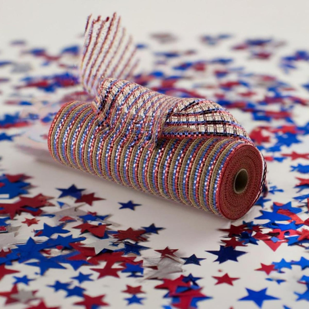 10" All Foil Thin Stripes Mesh Ribbon: Red, Natural, Blue (10 Yards)