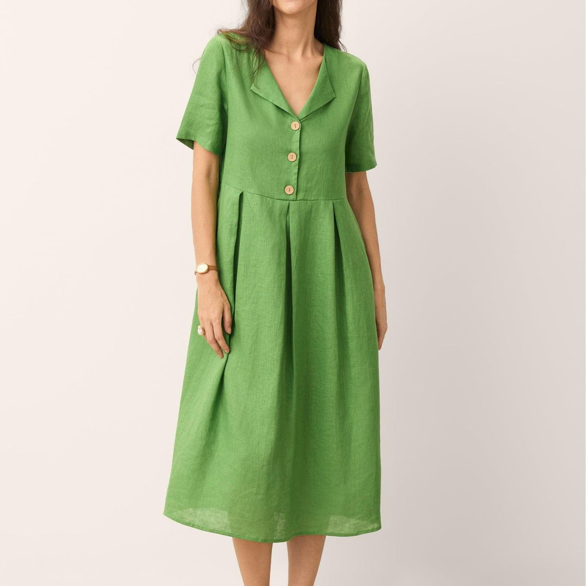 100% Linen Split Neck Button Detail Midi Dress SERAPHINE