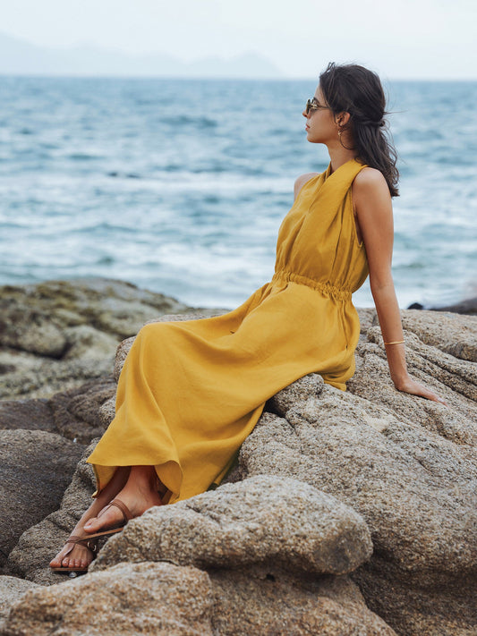 100% Linen V-Neck Halter Maxi Dress BETH
