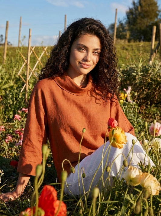 Linen-Cotton Dropped Collar Long-Sleeve Top TRISTAN