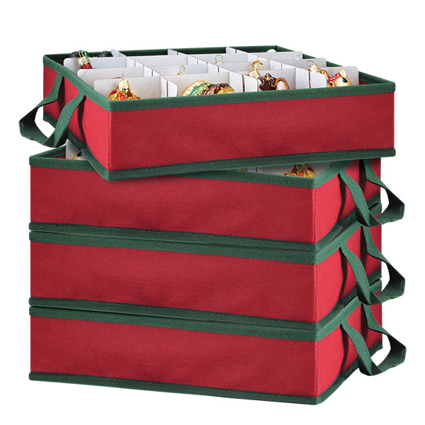 a stack of red and green storage bins with ornaments inside
