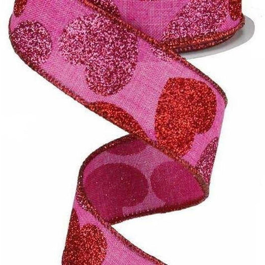 1.5" Bold Glitter Hearts Royal Ribbon: Pink (10 Yards)