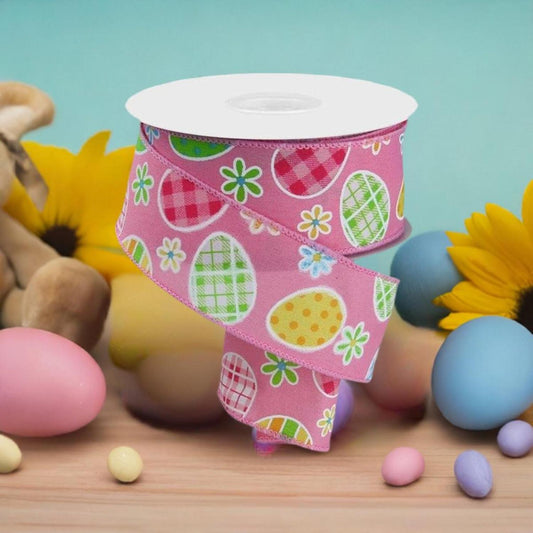 1.5" Check Plaid Easter Egg Ribbon: Light Pink (10 Yards)