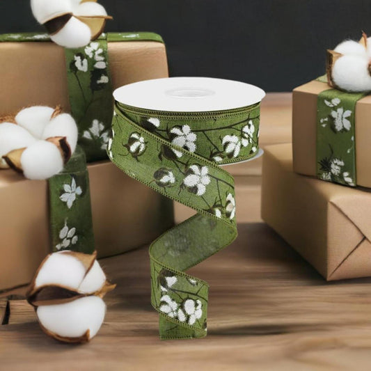 1.5" Cotton Pod Ribbon: Moss Green & White (10 Yards)