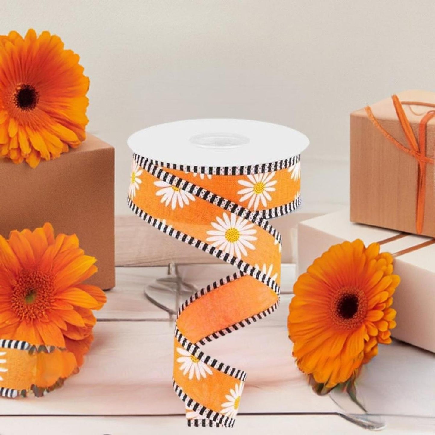 1.5" Daisy Stripe Royal Ribbon: New Orange (10 Yards)