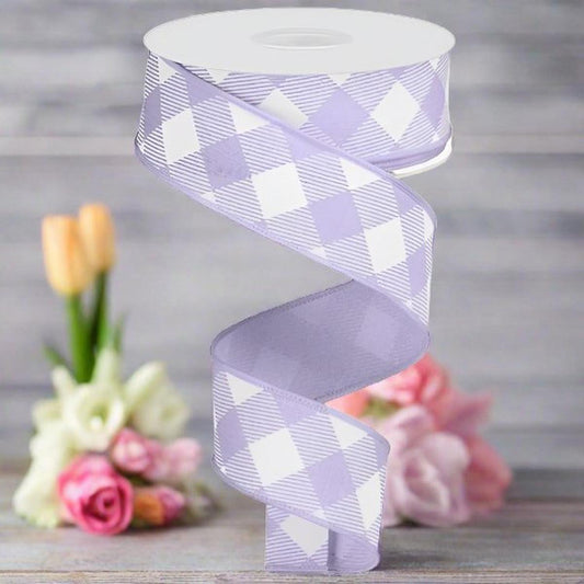 1.5" Diagonal Check On Royal Ribbon: Lavender & White (10 Yards)