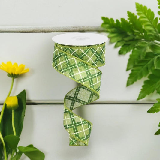 1.5" Diagonal Glitter Check Ribbon: Moss Green (10 Yards)
