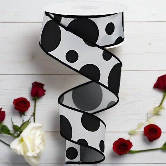 1.5" Giant Three Size Polka Dot Ribbon: White/Black (10 Yards)