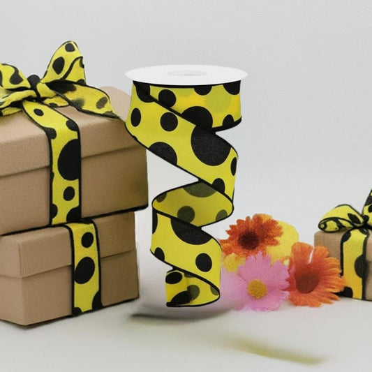 1.5" Giant Three Size Polka Dot Ribbon: Yellow & Black (10 Yards)
