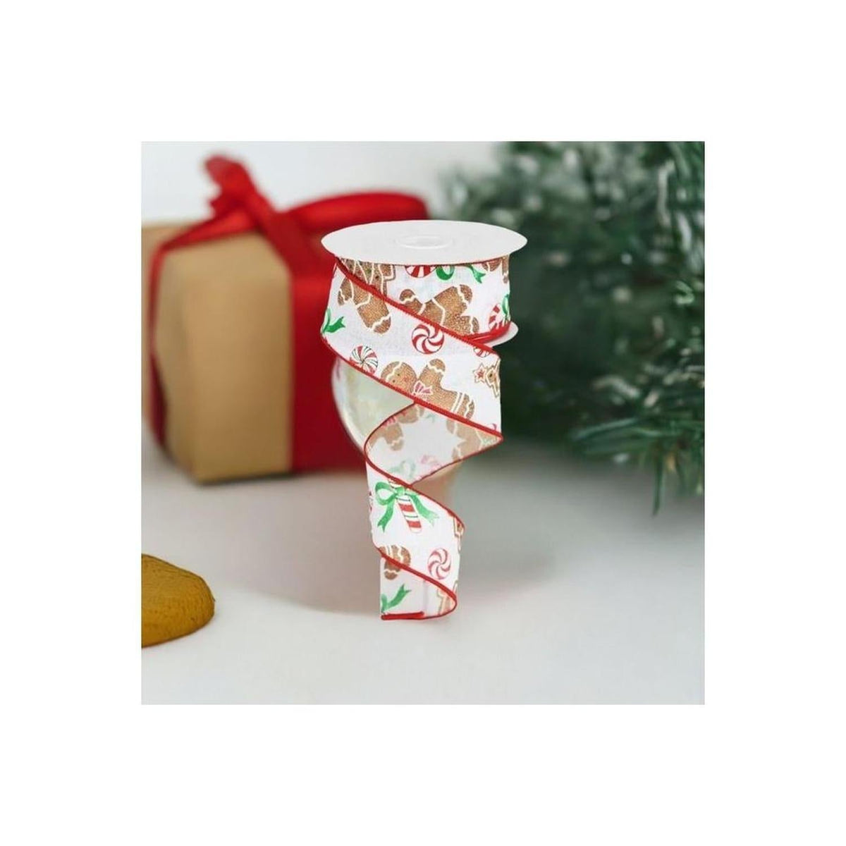 1.5" Gingerbread Candy Ribbon: White (10 Yards)