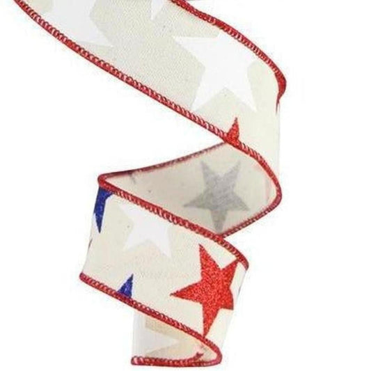 1.5" Ivory Cotton Ribbon: Patriotic Stars (10 Yards)