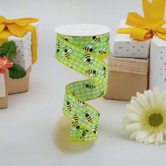 1.5" Mini Bumblebees on Check Ribbon: Lime Green (10 Yards)