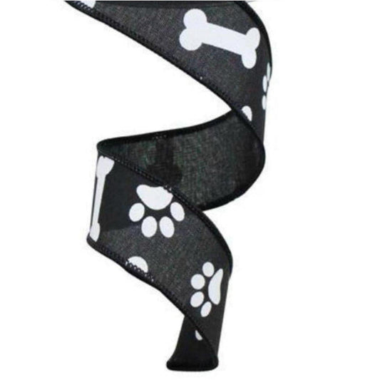 1.5" Paw Print Royal Ribbon: Black (10 Yards)