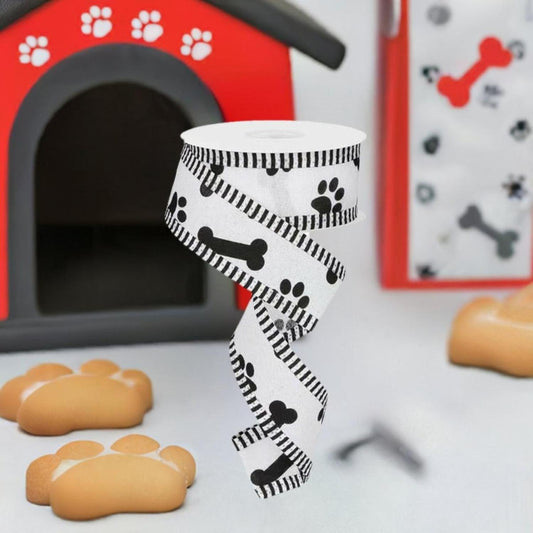 1.5" Paw Print Thin Stripe Ribbon: White & Black (10 Yards)