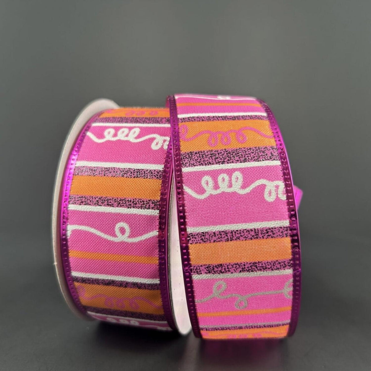 1.5" Glitter Loopy Stripes Ribbon: Fuchsia, Orange, Black (10 Yards)