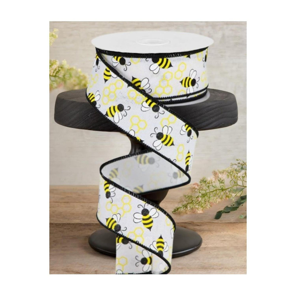 1.5" Mini Bumblebees on Royal Ribbon: White (10 Yards)