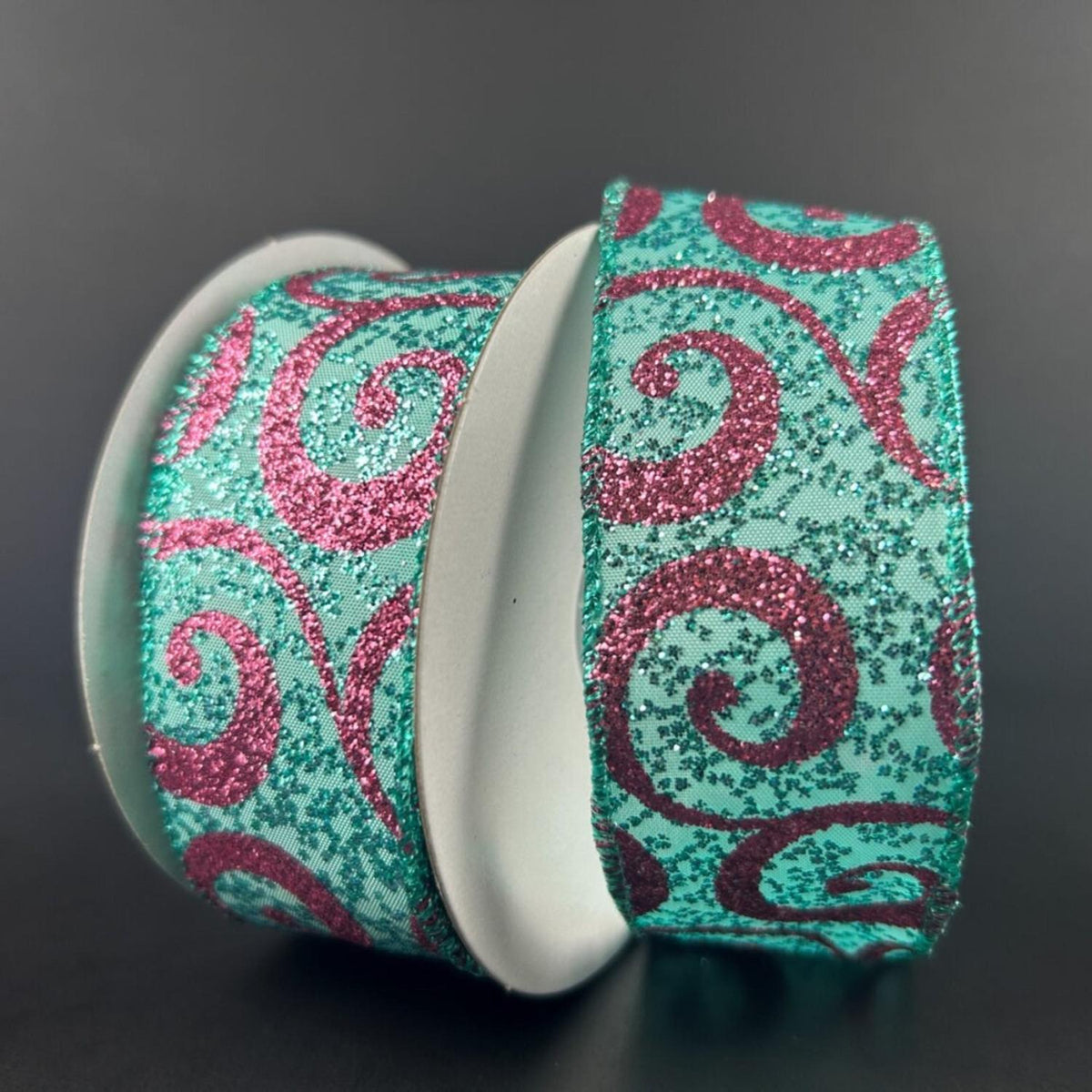 1.5" Pink Glitter Swirl Ribbon: Teal (10 Yards)