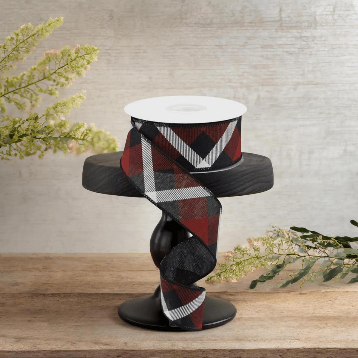 1.5" Printed Plaid Ribbon: Black, Red, White