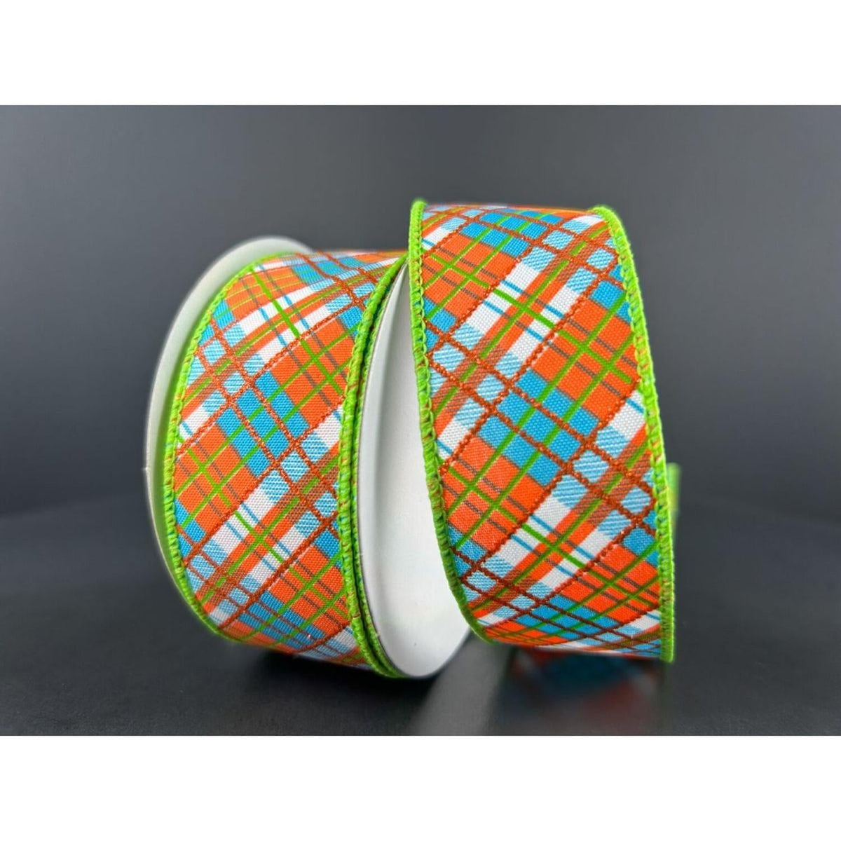 1.5" White Satin Busy Plaid Ribbon: Teal, Lime and Orange (10 Yards)