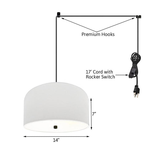 2 Light Swag Plug-In Pendant 14"w White Shade with Diffuser, Black Cord
