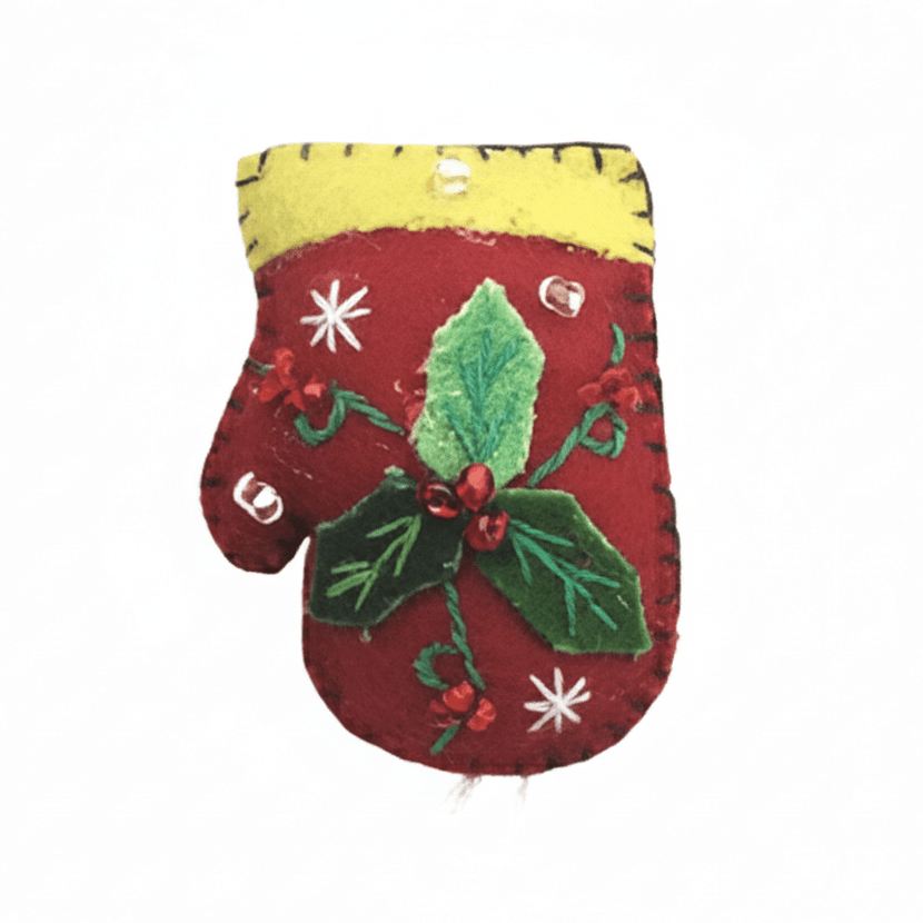 2" Felt Pin Red Mitten w/3 Leaves
