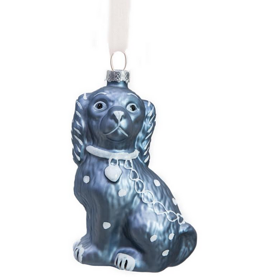a blue dog ornament with white dots