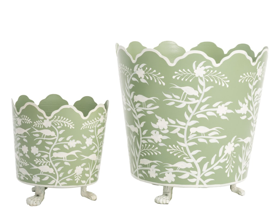 Soft Green & White Scalloped Footed Planter