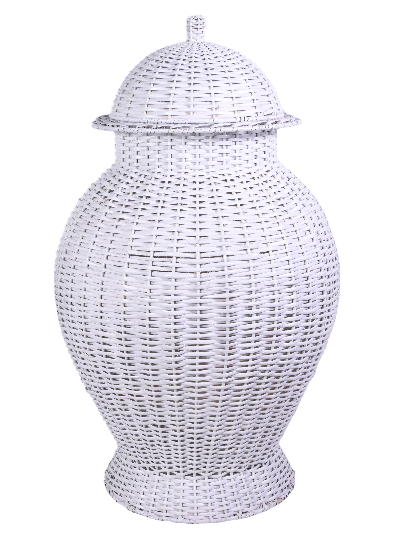 a white wicker vase with a lid