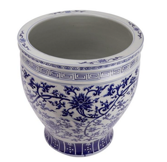 a blue and white vase