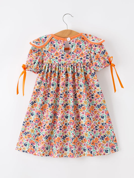 Orange Floral Bow Petals Collar Girls Dress