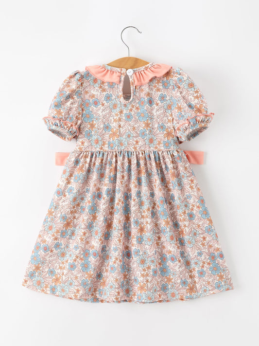 Fall Floral Girls Dress Smocked Ruffle Neck Bow