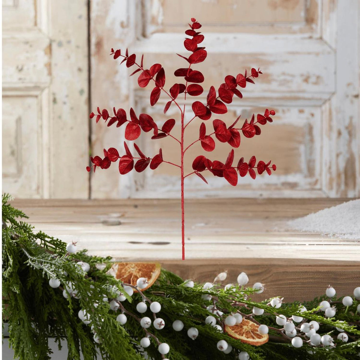 24" Glitter Eucalyptus Spray: Red