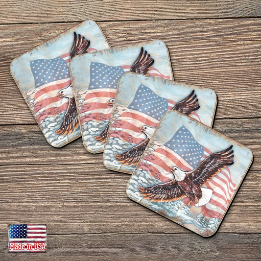 American Eagle Wooden Cork Coasters Gift Set of 4 by Nature Wonders - American Patriotic Decor - 95221C-S4