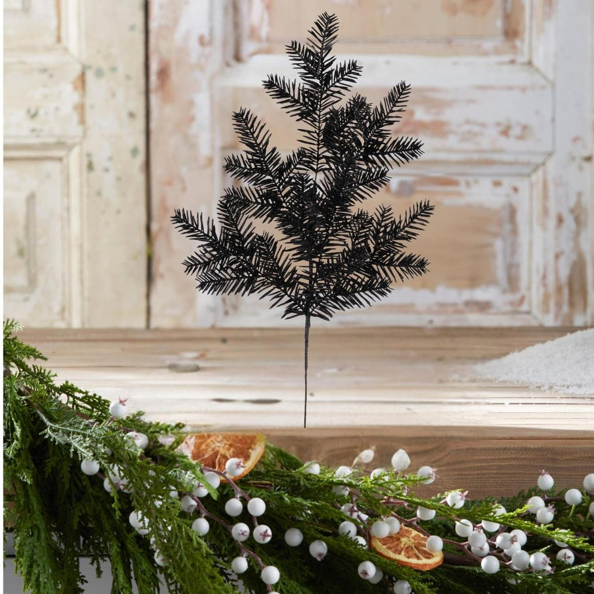 25" Glitter Hemlock Spray: Black