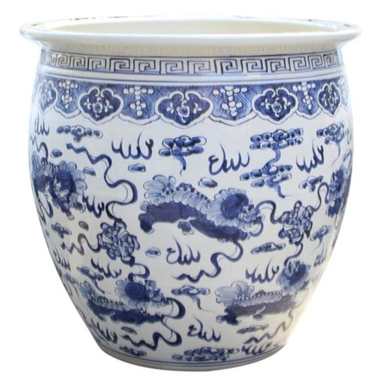 a blue and white vase