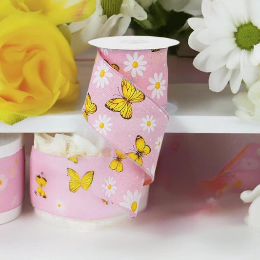 2.5" Butterfly Daisy on Royal Ribbon: Light Pink (10 Yards)