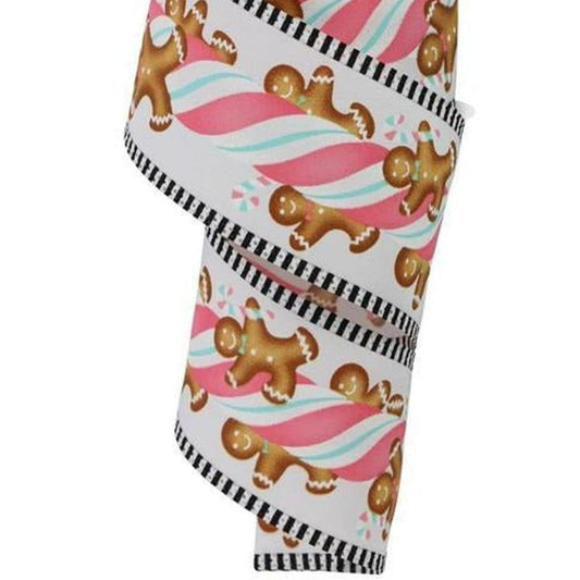 2.5" Gingerbread Kids Stripe Ribbon: White/Pink (10 Yards)