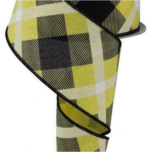 2.5" Printed Plaid Ribbon: Yellow, Black, White