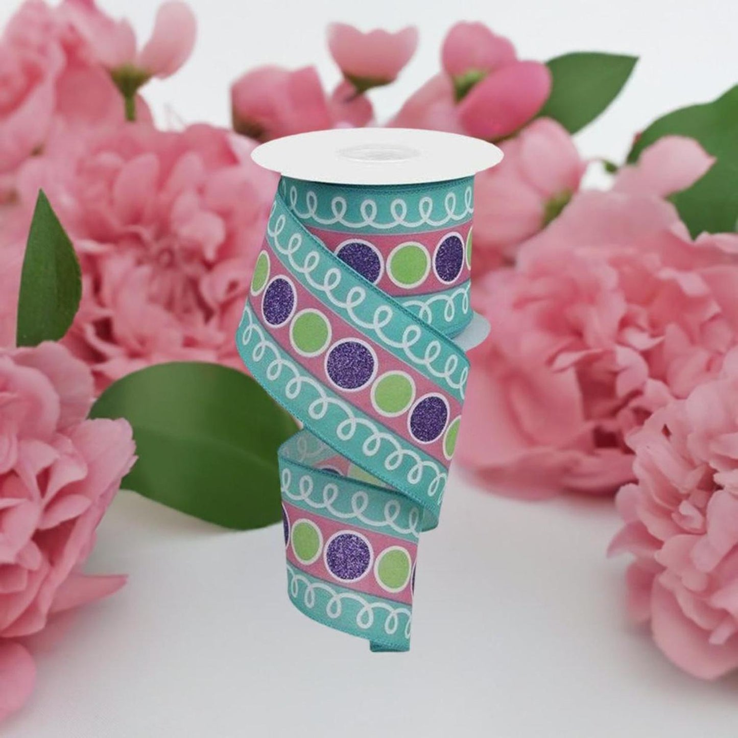 2.5" Striped Glitter Circle Loops Ribbon: Teal (10 Yards)