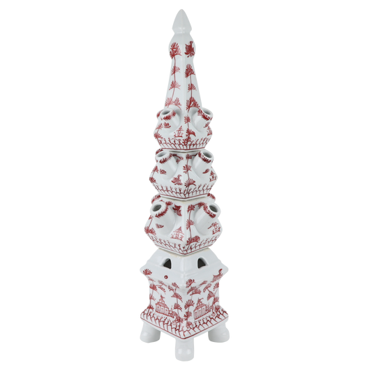 a stack of white and red objects