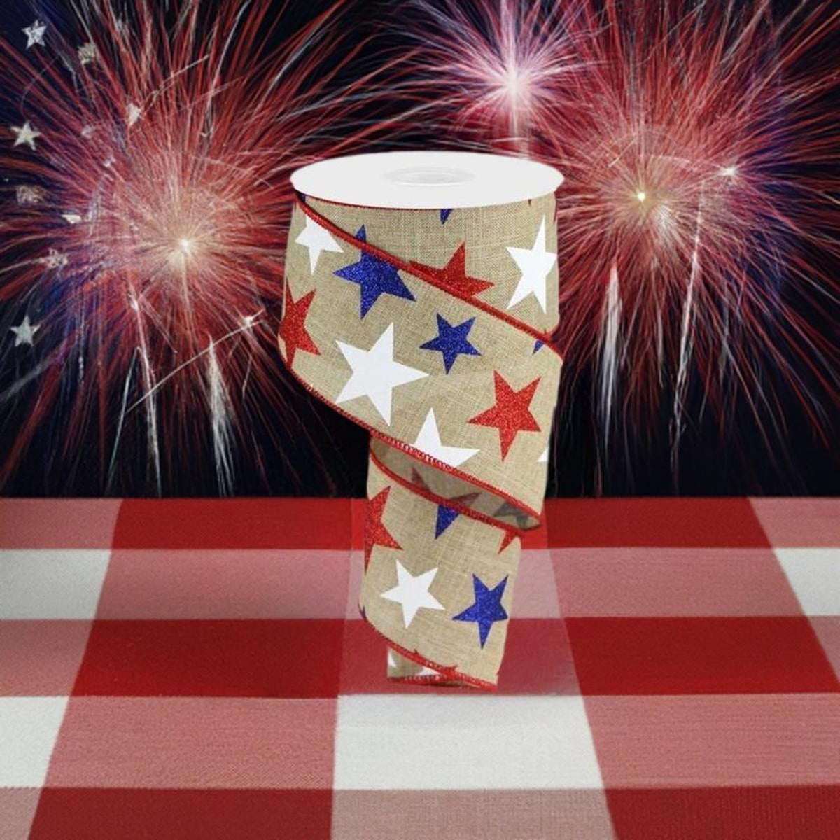 2.5" Beige Royal Canvas Ribbon: Patriotic Stars (10 Yards)