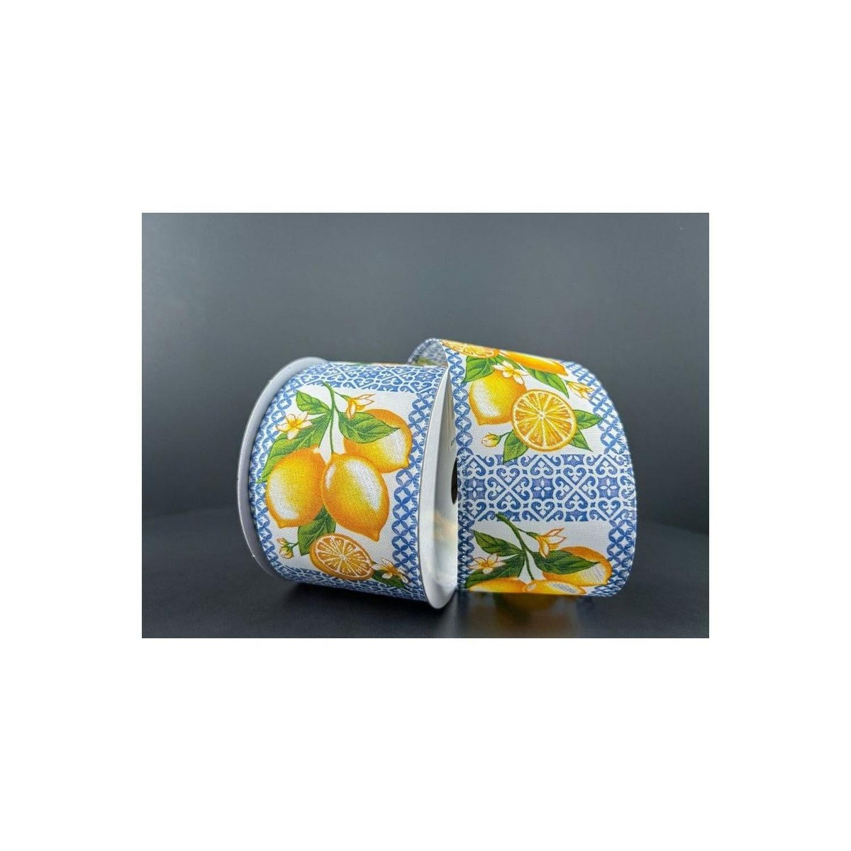 2.5" Blue Tile Squares Lemon Ribbon (10 Yards)