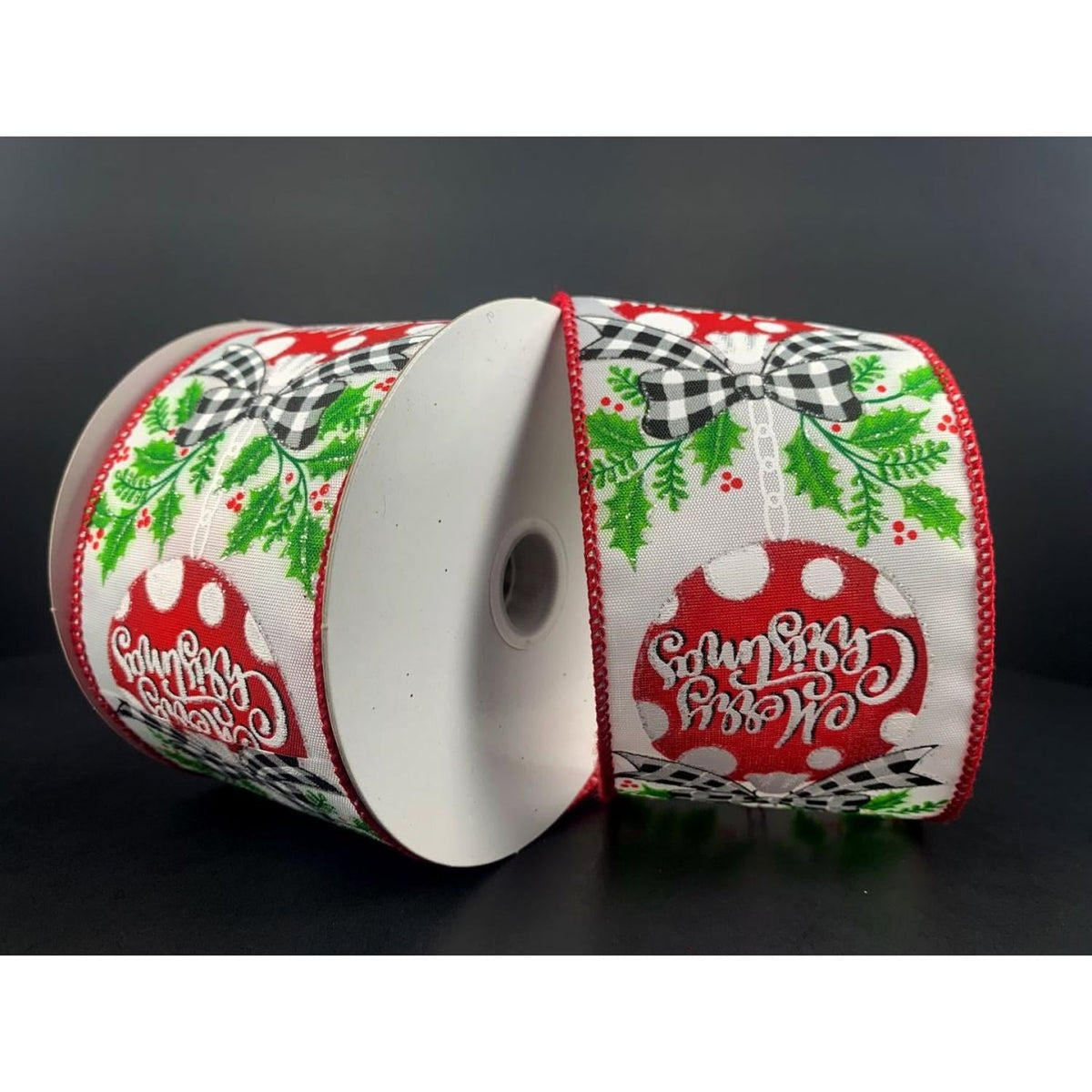 2.5" Christmas Ornament Holly Ribbon: White & Red (10 Yards)