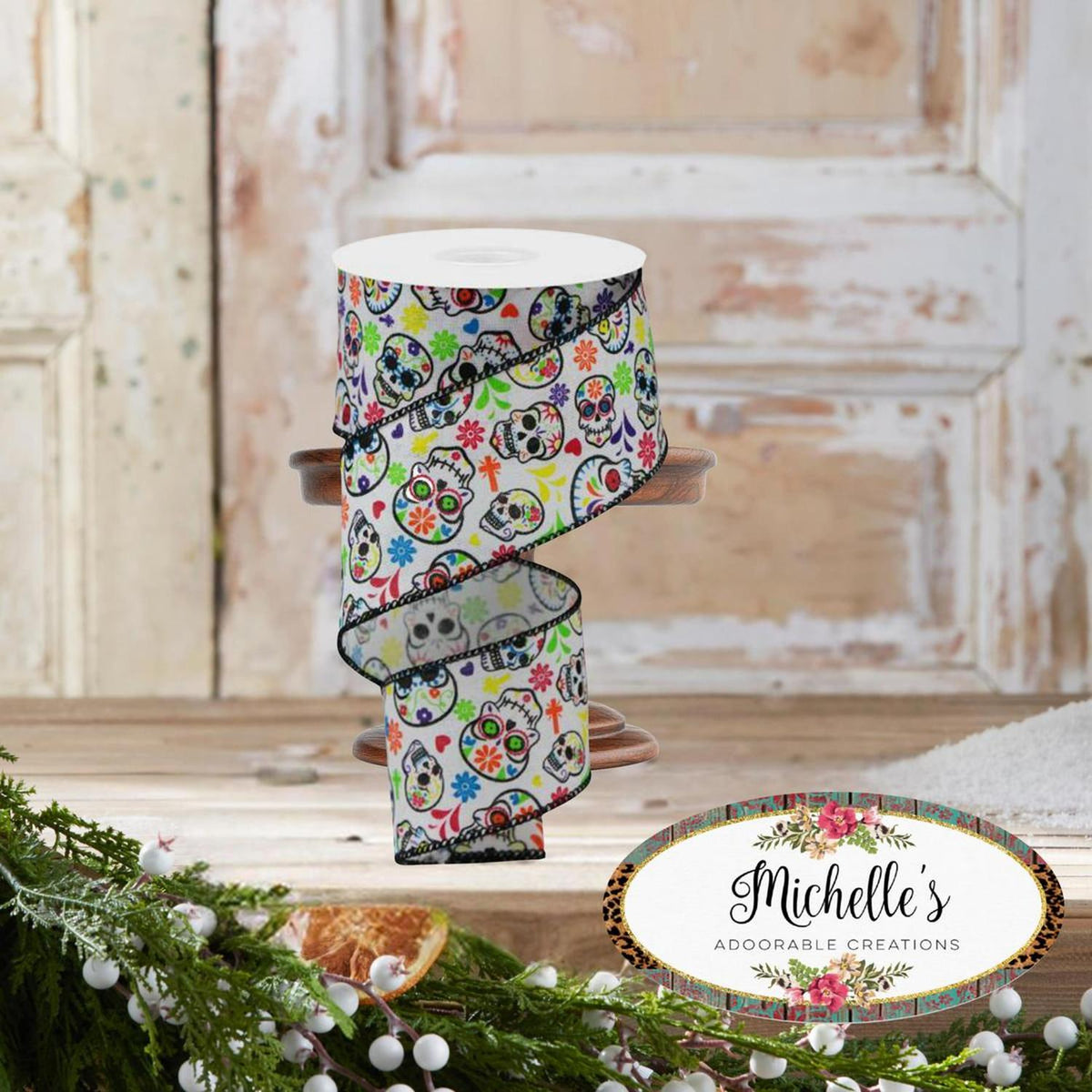 2.5" Day of the Dead Ribbon: White (10 Yards)