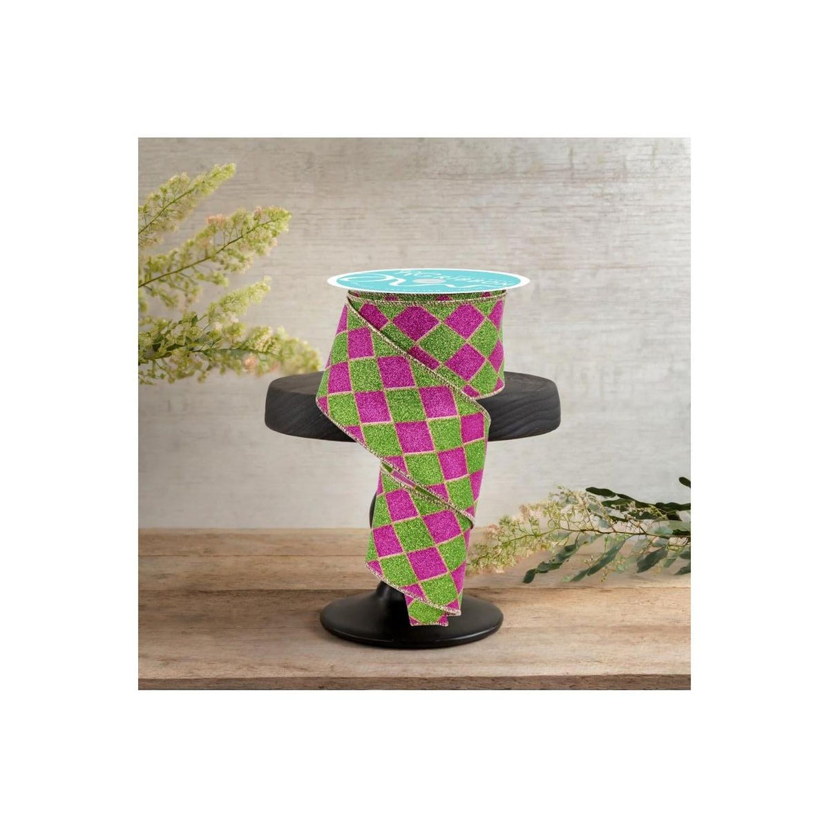 2.5" Glitter Harlequin Ribbon: Pink/Lime (10 Yards)